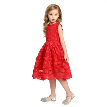 

MUABABY Girls Summer Dress Sleeveless Lace Children Elegant Clothes Flower Embroidery Red White Color Kids Casual Dress for 2-8T