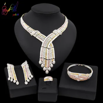 

Yulaili 2019 New Luxury Women Gold Silver Plated Crystal Necklace Earrings Bracelet Ring Bridal Bridesmaid Wedding Jewelry Sets