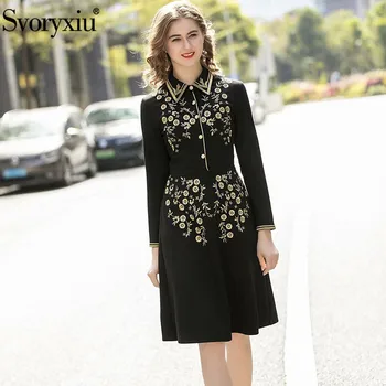 

Svoryxiu Designer Spring Summer Vintage Gold Line Embroidery Black Midi Dress Women's Fashion Single-Breasted Long Sleeve Dress