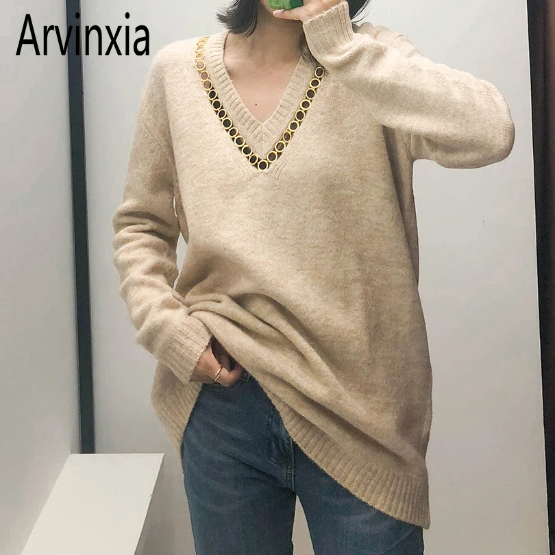 Arvinxia ZA/модные однотонные свободные женские свитера с v-образным вырезом новые
