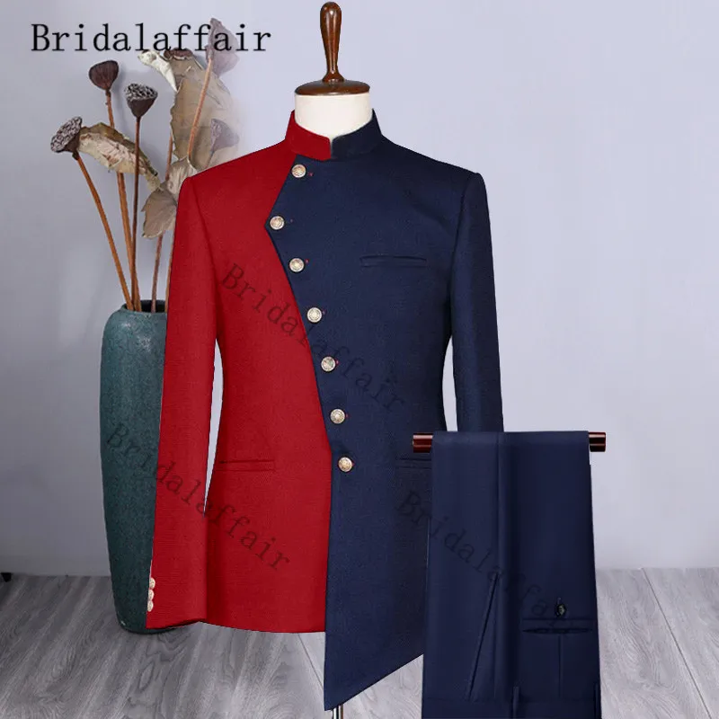

Bridalaffair, мужские облегающие костюмы красного и темно-синего цвета из двух предметов, Свадебный мужской костюм, асимметричный Блейзер 2021, модные смокинги