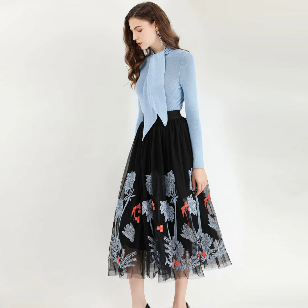 

Red Roosarosee Autumn Designer Women Full Sleeve Sweater + Flower Embroidery Gauze Skirt Boutique Two Piece Suit Twinset + Scarf