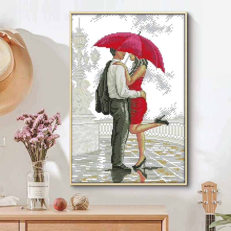 A Romantic Walking In The Rain Cross Stitch Kits Unprinted Fabric Embroidery Needlework Set 11 14CT DIY Handmade Home Decoration