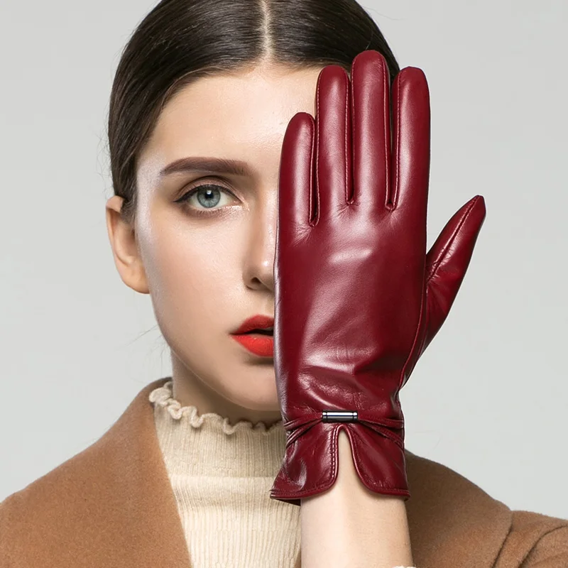 Настоящие кожаные женские перчатки осень зима плюс бархатные тачскрин новые женские козья теплые кожаные перчатки Мода K83 - Цвет: Бургундия