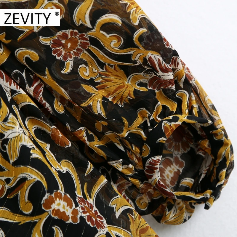 ZEVITY women vintage totem flower print front pleat chiffon midi dress female lantern sleeve casual vestidos chic dresses DS4440