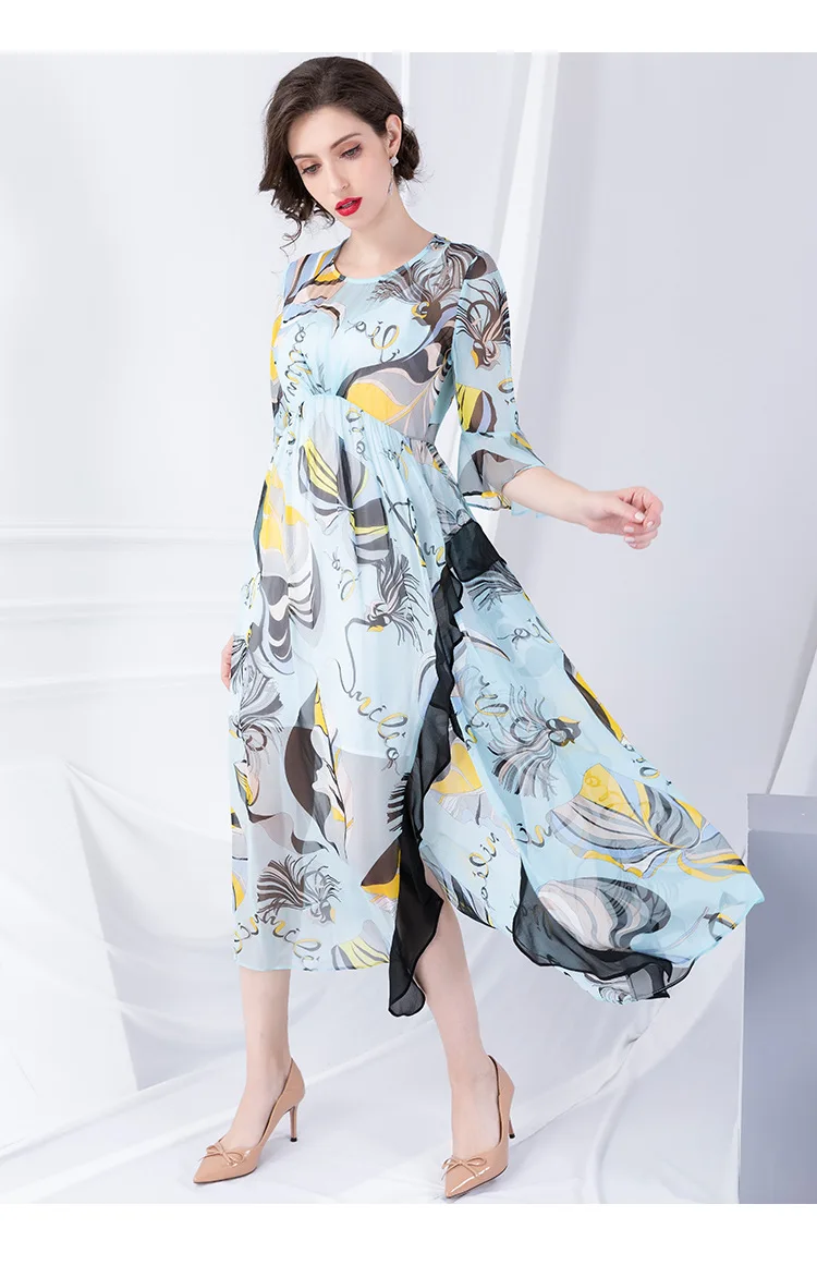 Настоящее шелковое платье с цветочным принтом миди с рюшами, Осеннее пляжное летнее богемное корейское элегантное винтажное платье из натурального шелка для женщин Vestidos
