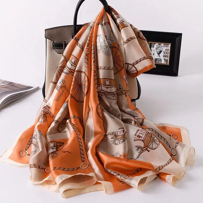 180X90CM Satin Shawls Autumn Colour Print Bandanna Korean Style Dustproof Silk Scarves Popular Sunscreen Beach Towel foulard 3