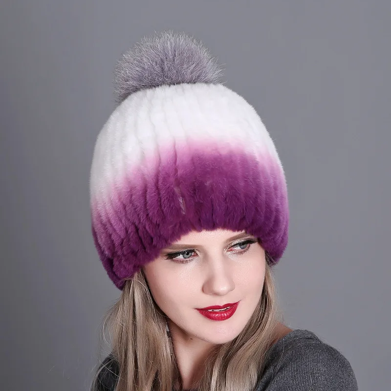 Color1 Горячая Распродажа, зимняя шапка из меха кролика Рекс, женская, женская, эластичная, теплая, ручная работа, вязанный Натуральная шерсть, шапки, большой Лисий мех, шапочки, шапка - Цвет: Color1