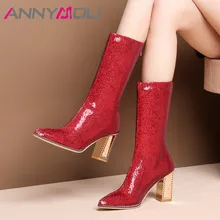 ANNYMOLI/зимние сапоги до середины икры; женские облегающие Стрейчевые сапоги на толстом каблуке с молнией; Роскошная блестящая обувь на очень высоком каблуке; Женская Осенняя обувь красного цвета