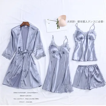 

Satin Sleepwear Kimono Robe Gown Female 4PCS Pajamas Suit Intimate Lingerie Casual Bride Bridesmaid Wedding Gift Sexy Nightgown