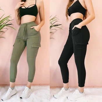 

summer strapping slim binding high waist pencil pants women's black casual pants fashion women's lace up pocket decorative pants