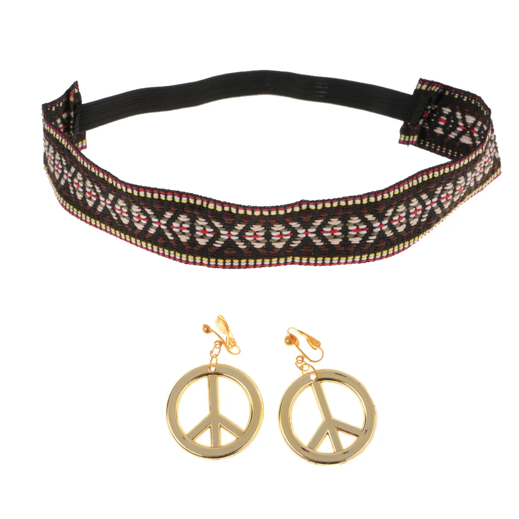 Women Hippie Costume Set Peace Sign Earring Necklace Headband Dress Ankle Socks 