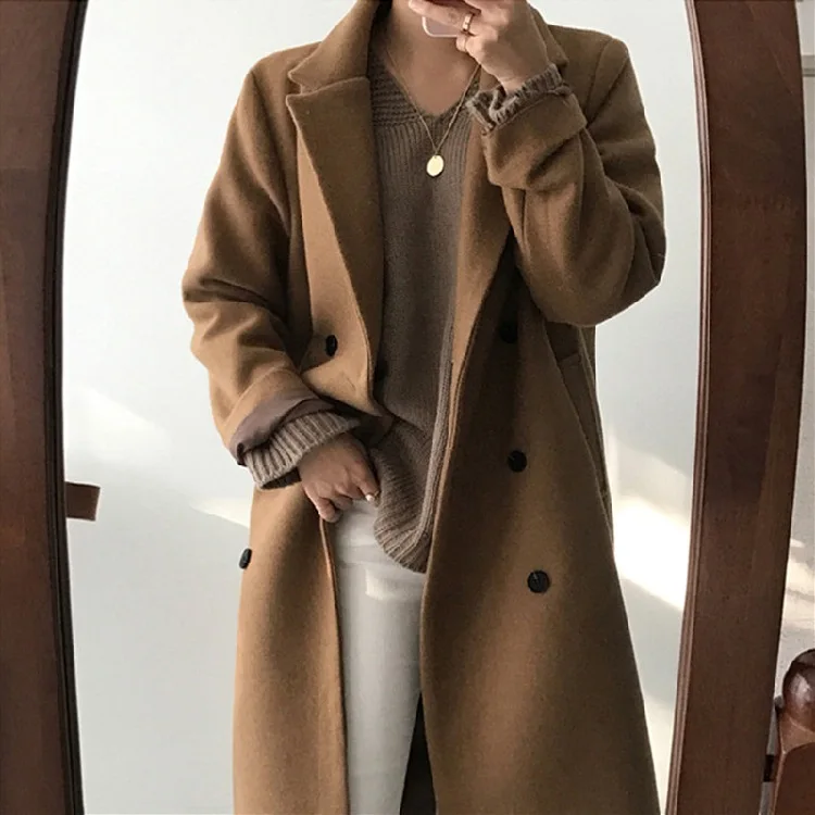 Wool Coat Women Double Breasted Coat Vintage Streetwear Long Balck Wool Coats Winter Korean Fashion Office Lady Winter Coat