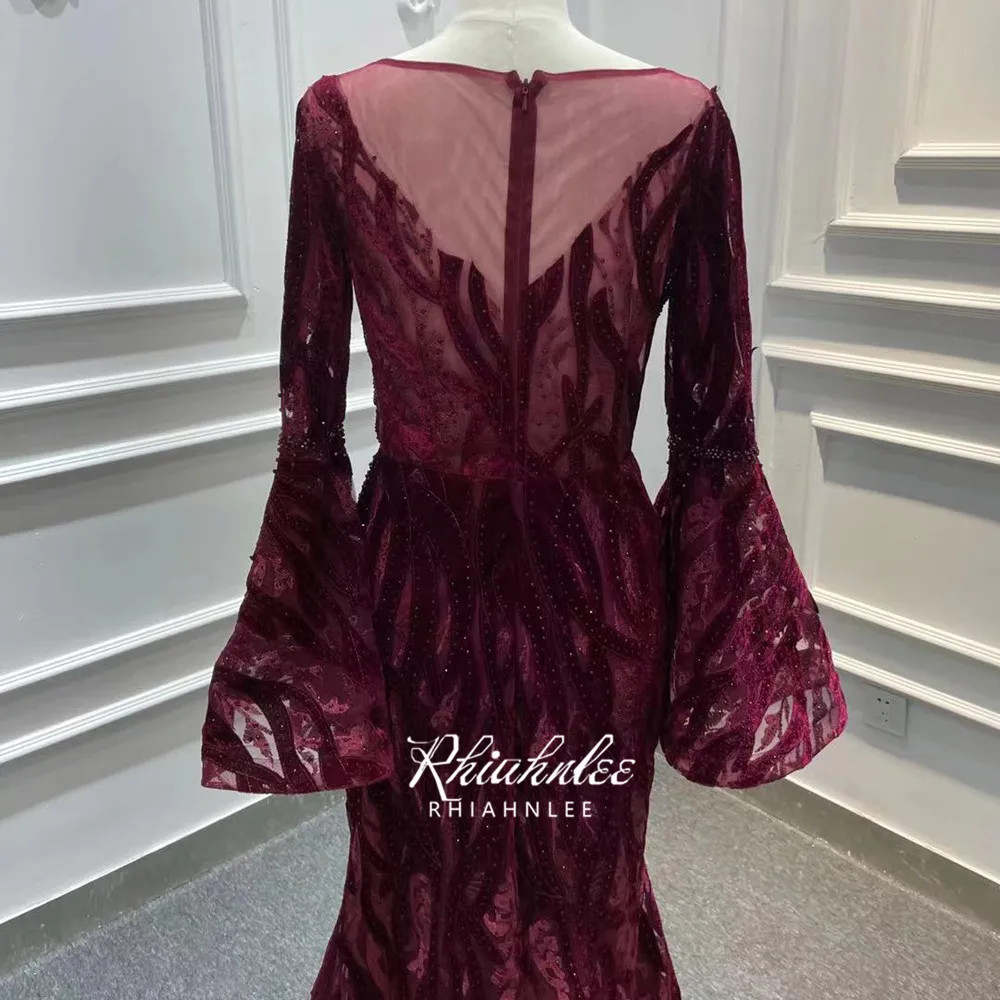 Long Sleeve Wine Red Mermaid Evening Dresses Luxury Dubai Beaded Muslim Formal Gowns Rhiahnlee evening dresses with sleeves