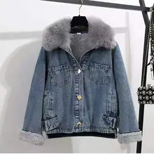 Осень зима Вельветовая утепленная джинсовая куртка для женщин большой меховой воротник корейское Свободное пальто женские парки 72525