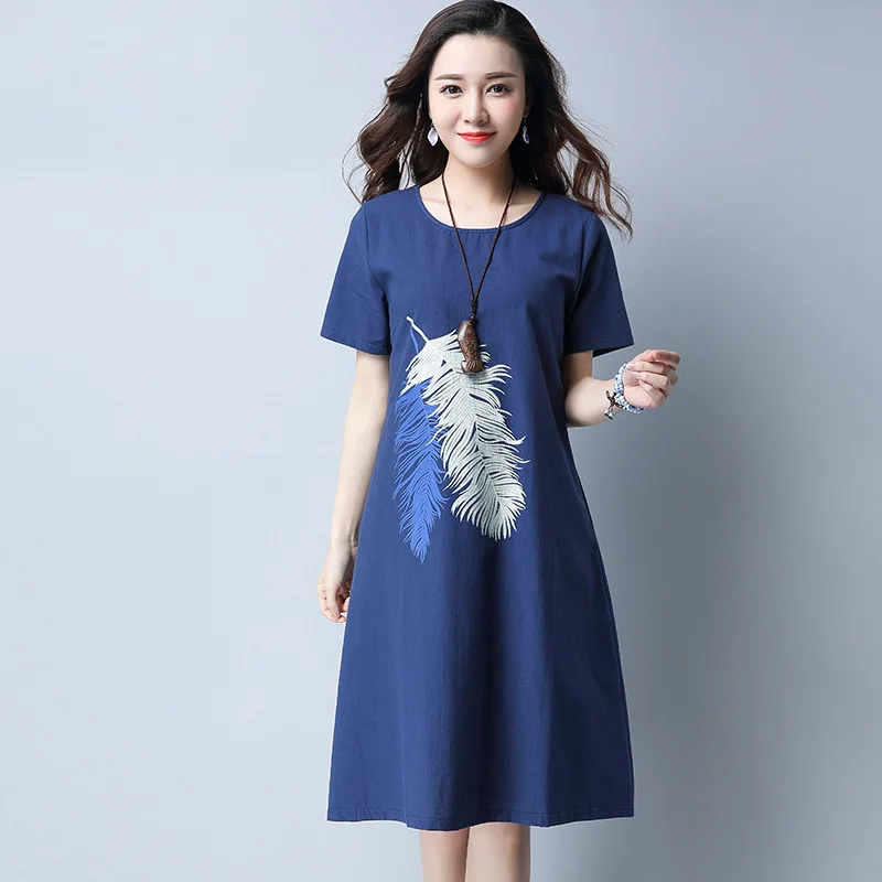 

2019 Summer Wear New Style Retro Large Size Cotton Linen Printed Mid-length Short-sleeve Dress Women's Flax A- line Skirt