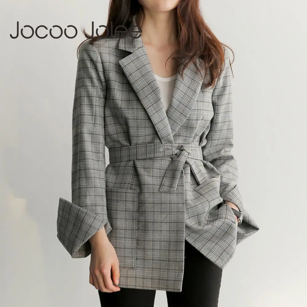 

Jocoo Jolee Women Spring Autumn Gray Plaid Office Lady Blazer Fashion Bow Sashes Split Sleeve Jackets Elegant Work Blazers 2019