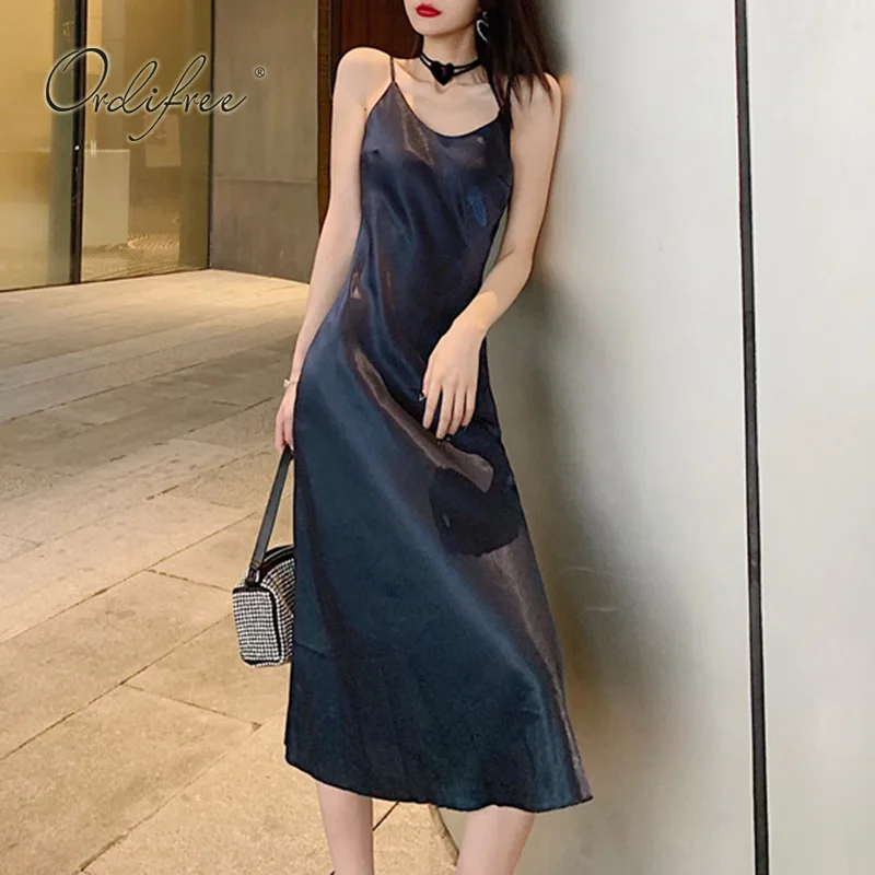 

Ordifree 2020 Summer Women Satin Slip Dress Vintage Basic Dress Spaghetti Strap Sexy Silk Midi Dress