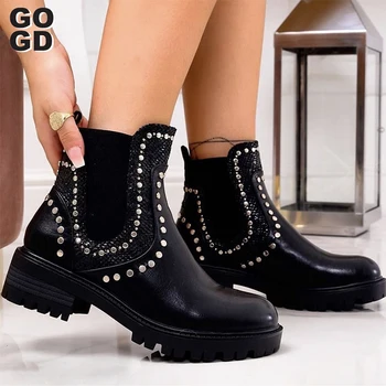 

[GOGD]Women Ankle Boots Female Punk Rome Footwear Women's Fashion Rivet Shoes Woman Buckle Strap Ladies Chunky Heels Big size