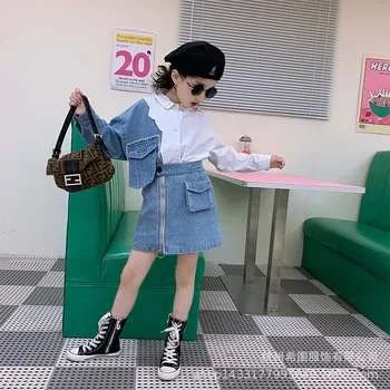 

Autumn 2020 new girl denim suit stitching long-sleeved shirt short skirt foreign-style two-piece suit