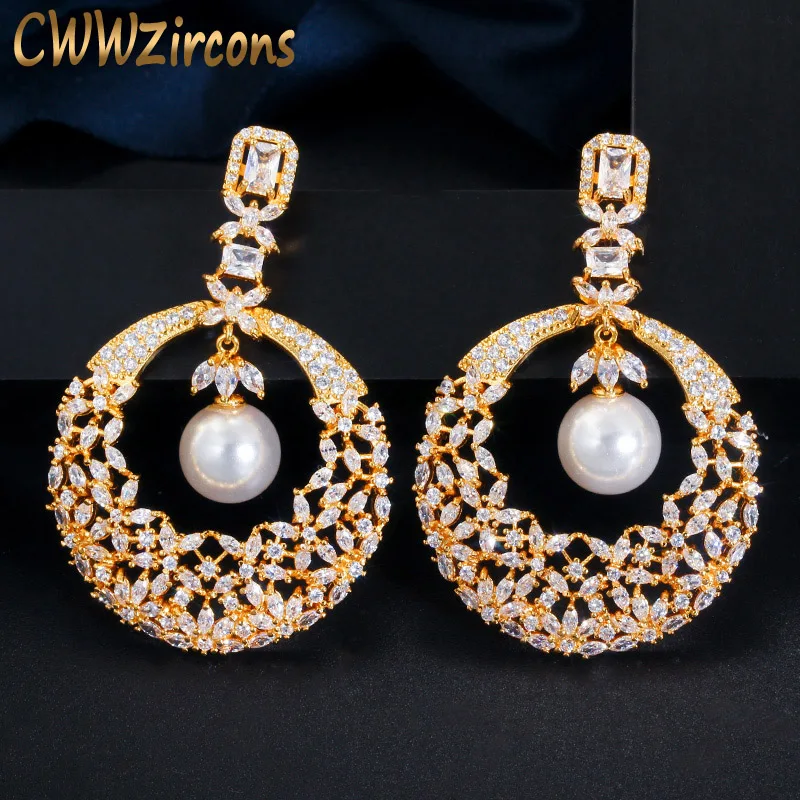 Cwwzircon Роскошные Полые Цветы Висячие жемчужины Дубай 18K позолоченные фианиты