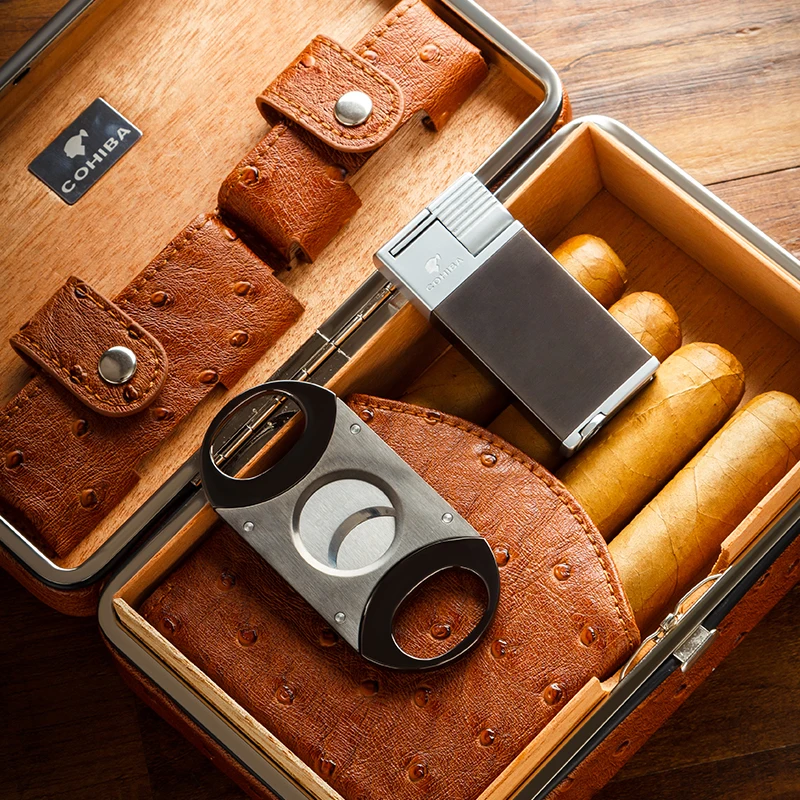 COHIBA кожаная сигарета Humidor 4 пальца Cerdar деревянная коробка для сигар с зажигалкой