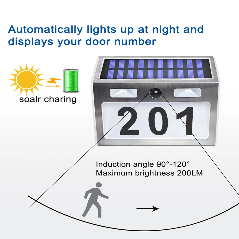 Solar Light House Number Plaque Light with 200LM Motion Sensor LED Lights Address Number Home Garden Door Solar Lamp Lighting