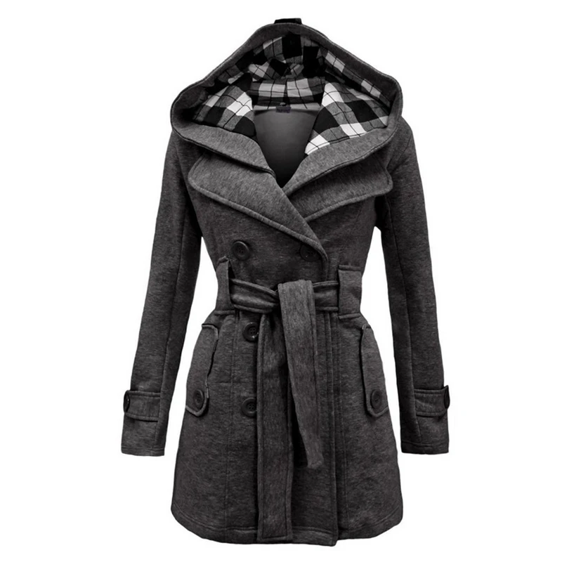 

Joineles 7 Colors Autumn Winter Hooded Women Coat Warm Fleece Jacket with Belts Double Breasted Plus Size Office Slim Outwear
