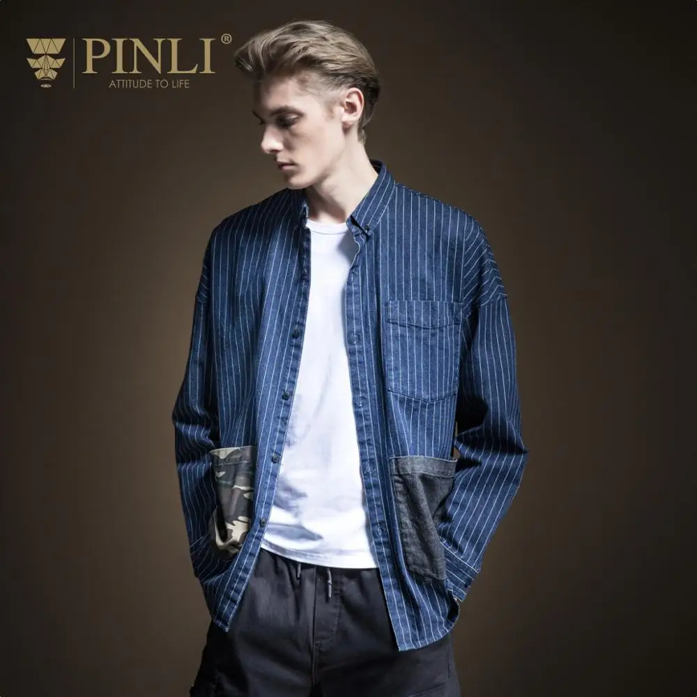 Blusas Camisa Social Masculina гавайская рубашка Pinli осень новые мужские Украшенные полосатые повседневные джинсы с длинными рукавами B193313217