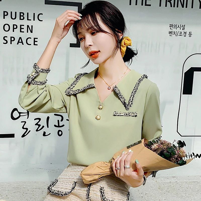 

COIGARSAM Casual Chiffon blouse women New Spring blusas womens tops and blouses White Green 8968