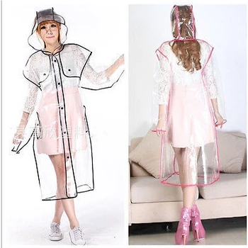 

Portable Women's Clear transparent Thickned Hooded RainCoat PVC Rain Coat/ red blue pink yellow