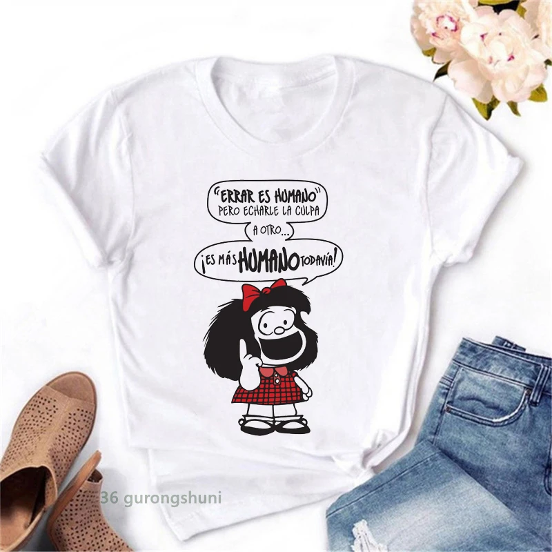 

Cute Cartoon Toda Mafalda t shirt Women Harajuku Letter Print Short Sleeve vogue Kawaii Creativity Casual White women Tops Tees
