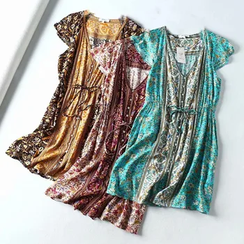 

2020 Contrast color Camellia Floral print Summer BOHO Dress Holiday Woman Lace up Waist Button Short Sleeve Dresses Beach