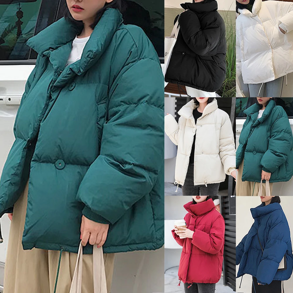 PUIMENTIUA Winter Warm Jacket Women Stand Collar Solid Black White Female Down Coat Loose Womens Plus Size Short Parka New