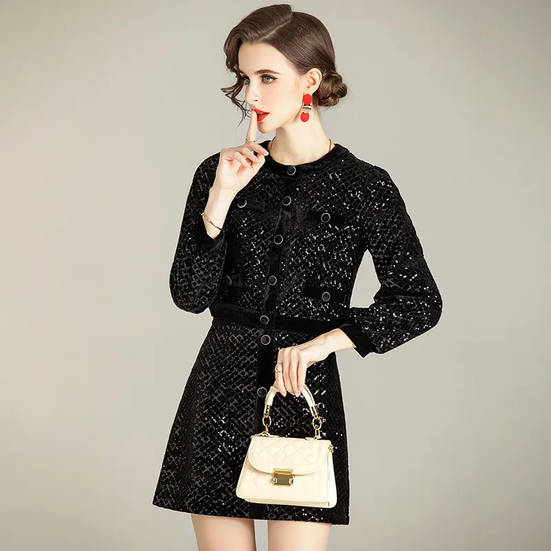 

Women's Clothing Set Autumn Winter 2020 New Fashion Sequined Single Breasted Short Jacket + A-Line Mini Skirt Two Piece Suits