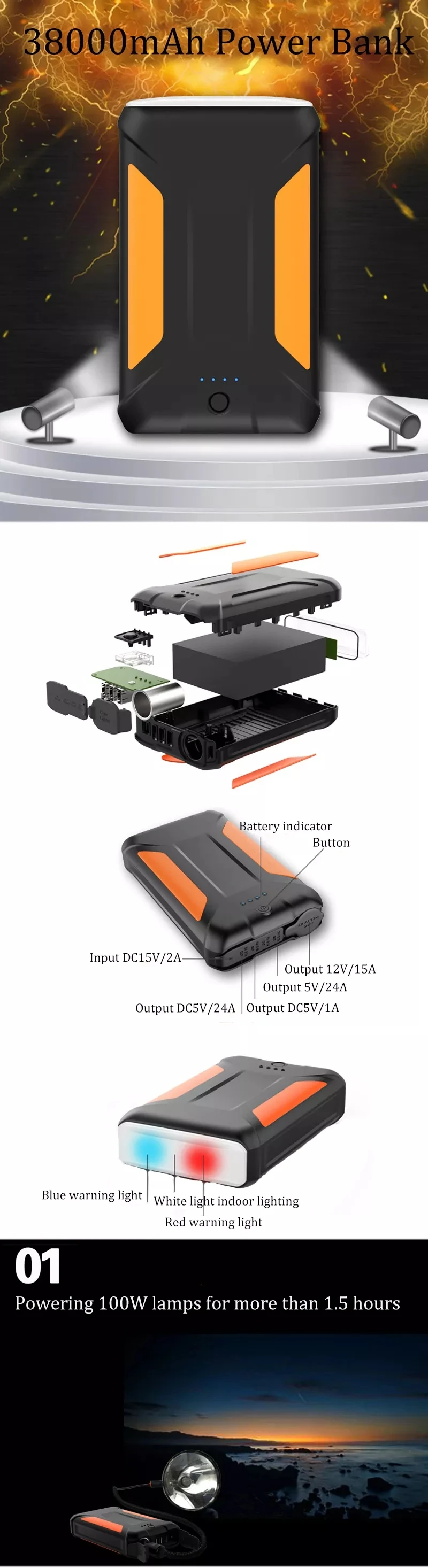 CPAP Portable Battery Pack 38000mAh Power Bank USB Charger 12V Cigarette Lighter Outlet LED Light