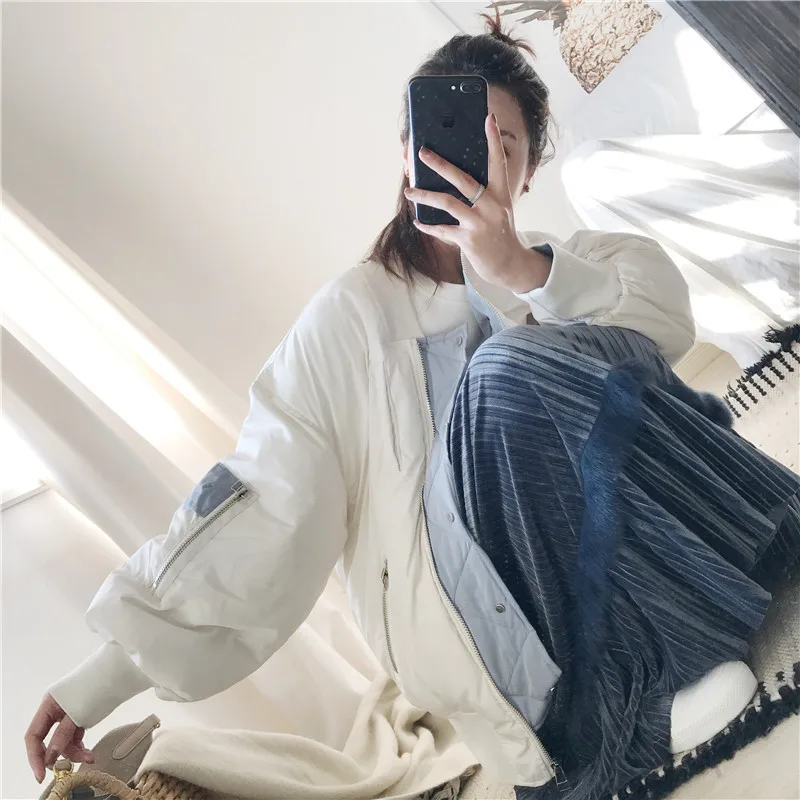 

2017 Winter New Style Large Zipper Mixed Colors Boyfriend Loose-Fit College Cotton Overcoat Women's F3414