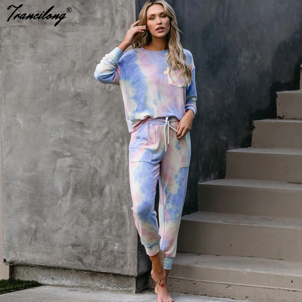 Tracksuit Women Loose Pajamas Gradient Tie Dye 2 Piece Sets Long Sleeve Home Pant Suit Lounge Wear Plus Size Sweatsuit Summer