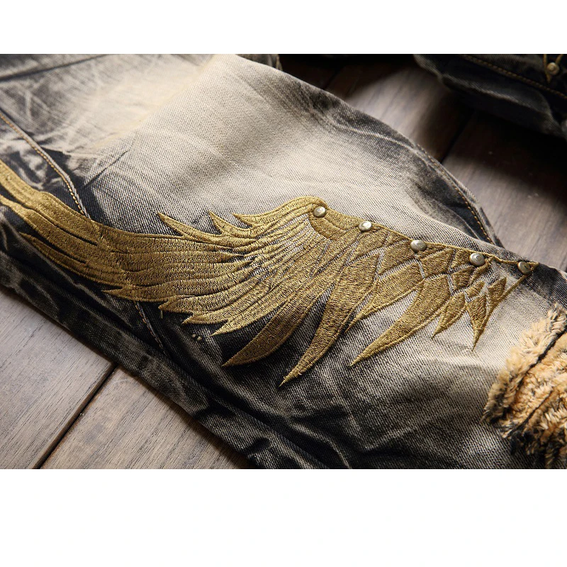 Ripped Jeans Men Fashion Harajuku Street Hip Hop Autumn Embroidery Wings Vintage Straight Jeans Men Distressed Denim Trousers