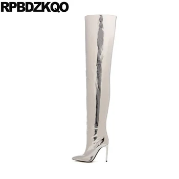 

thigh high boots for plus size women shoes stiletto big stripper heel over the knee pointed toe wide calf dance metallic crotch
