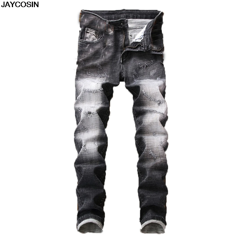 KLV Men Ripped Hole Skinny Denim Jeans Hip Pop Pants Trousers Sweatpants Streetwear Men Pencil Pants Trousers Hombre 9729