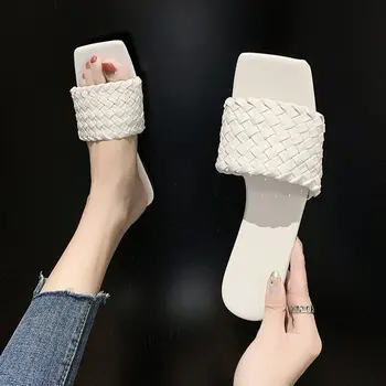 

2020 New Brand Slippers Weave Leather Women Sandal Open Toe Flat Casual Slides Summer Outdoor Beach Female Flip Flops