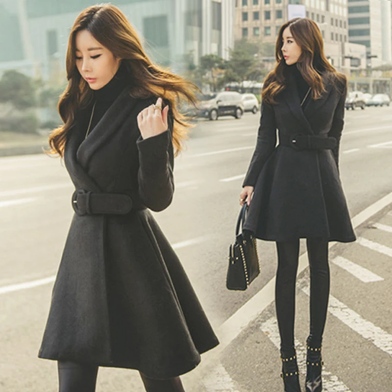 Женские осенне-зимние пальто куртки новые высококачественные корейские тонкие ленты с длинным рукавом офисные женские шерстяные пальто для женщин