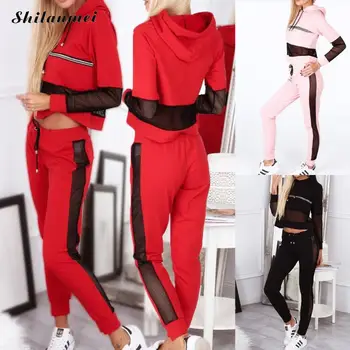 

Casual Sweatshirt Suit 2019 Autumn Women Set Hoodies Sweatshirt Sweatpants 2 Pieces Sets Women Sexy Mesh Patchwork Tracksuit