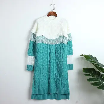 

Elegant Ruffles Sweater Dress Loose Autumn Winter Hit Color Irregular Dress Women Lace Patchwork Knitted Dress Vestidos