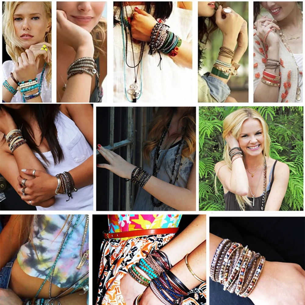 Natural Labradorite Wrap Bracelet - Handmade Grey Wax Rope  Stainless Steel Adjustable Boho Jewelry