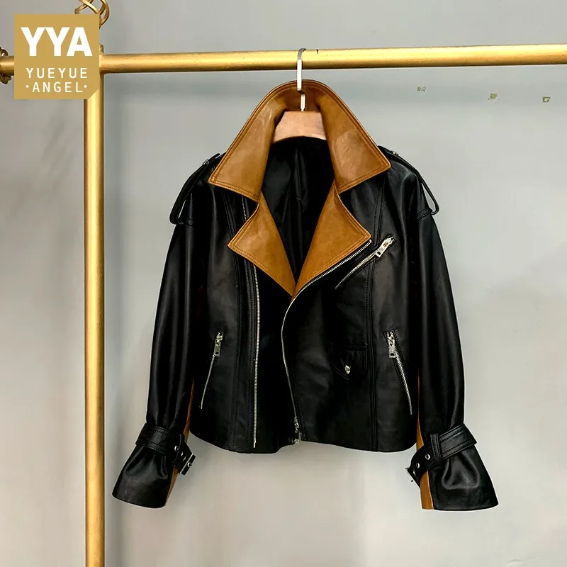

Designer Sheepskin Slim Biker Coat Women Office Mixed Colors Zipper Real Leather Jacket Fashion Full Sleeve Short Outerwear