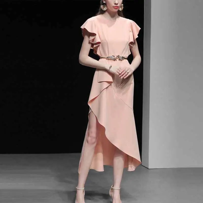 Ruffled Slim Women Long Dress Elegant IIrregular OL Long Evening Party Dress Sash Female Office Lady Bodycon Dress Vestidos