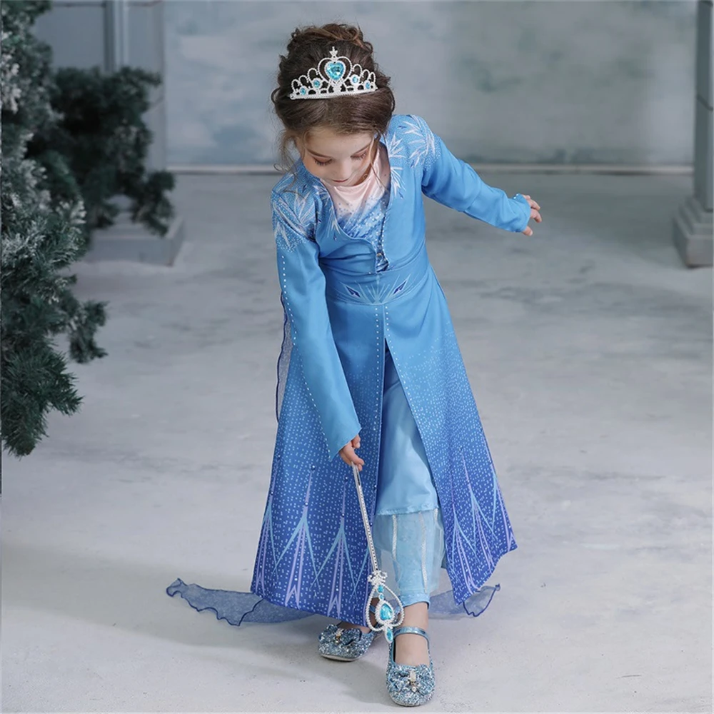 Костюм Эльзы для девочек на Хеллоуин; костюм Снежной Королевы; новогодний детский маскарадный костюм; зимнее пальто Эльзы с длинными рукавами; платье с накидкой; костюм