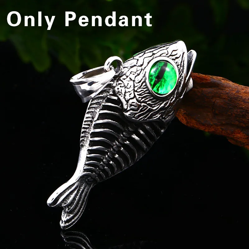 only pendant Стальной солдат Рыбная кость с зеленым глазом шейный популярный кулон из нержавеющей стали мужские уникальные ювелирные изделия - Окраска металла: only pendant